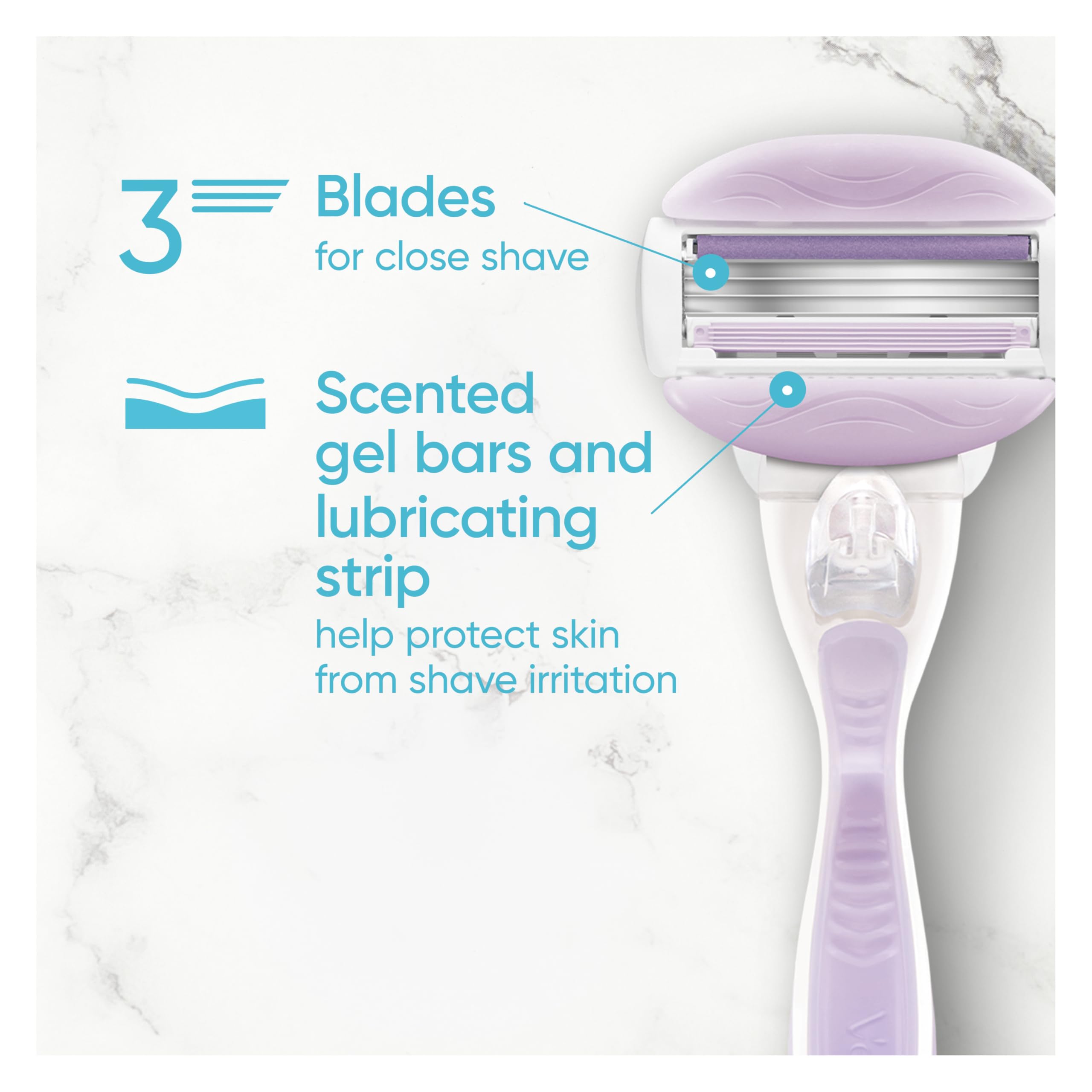 Venus ComfortGlide Freesia refills arranged for easy replacement and ongoing smooth shaving.