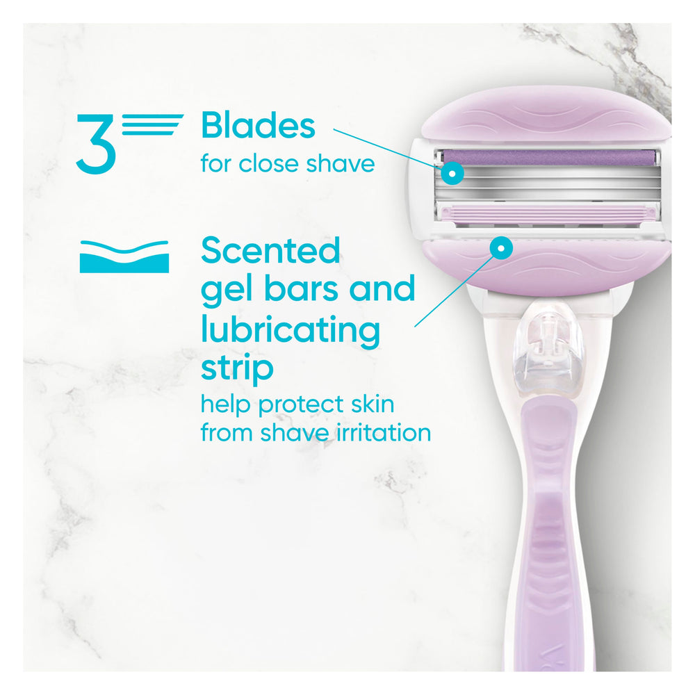 Venus ComfortGlide Freesia refills arranged for easy replacement and ongoing smooth shaving.