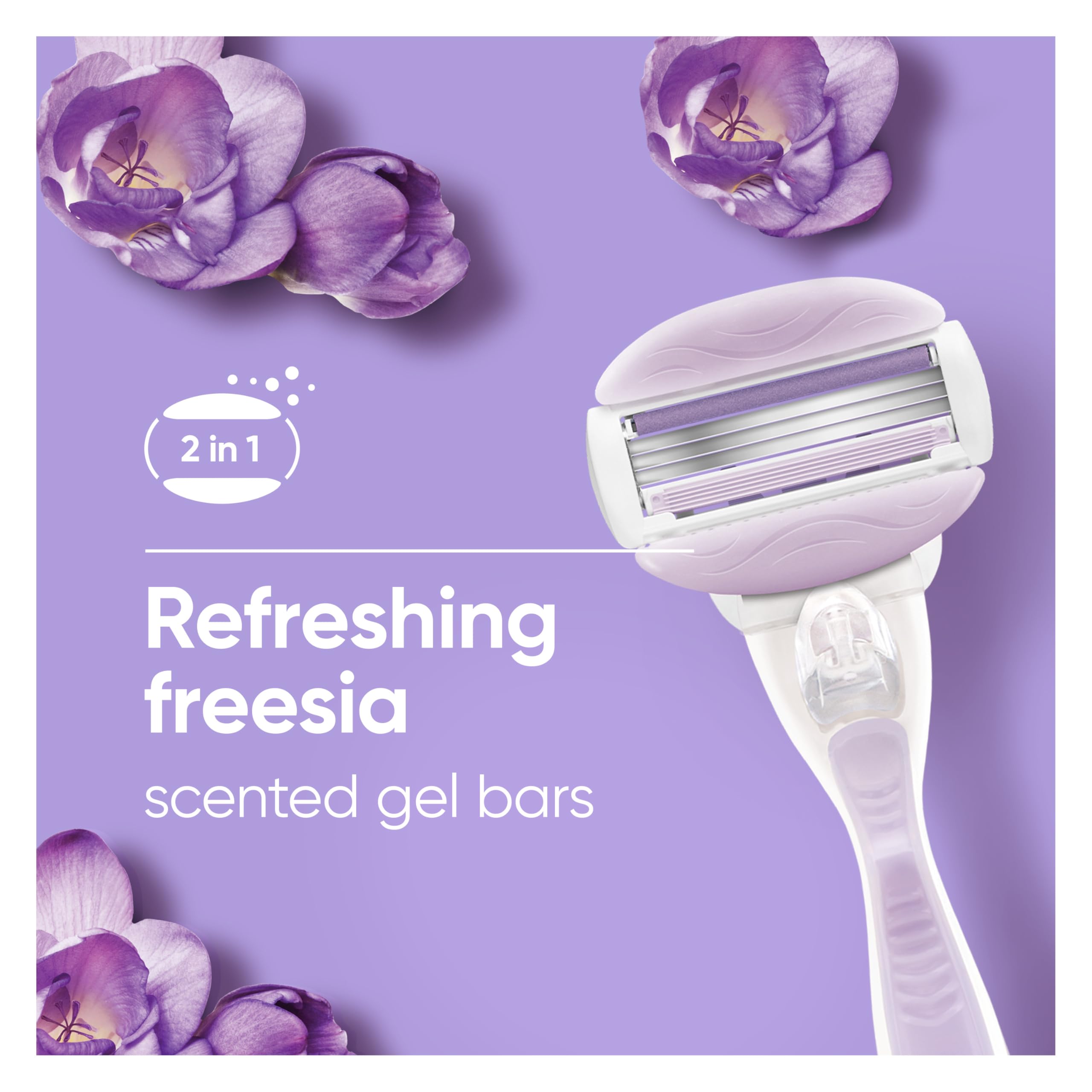 Three-blade system with lubrication strip helps glide smoothly along skin.