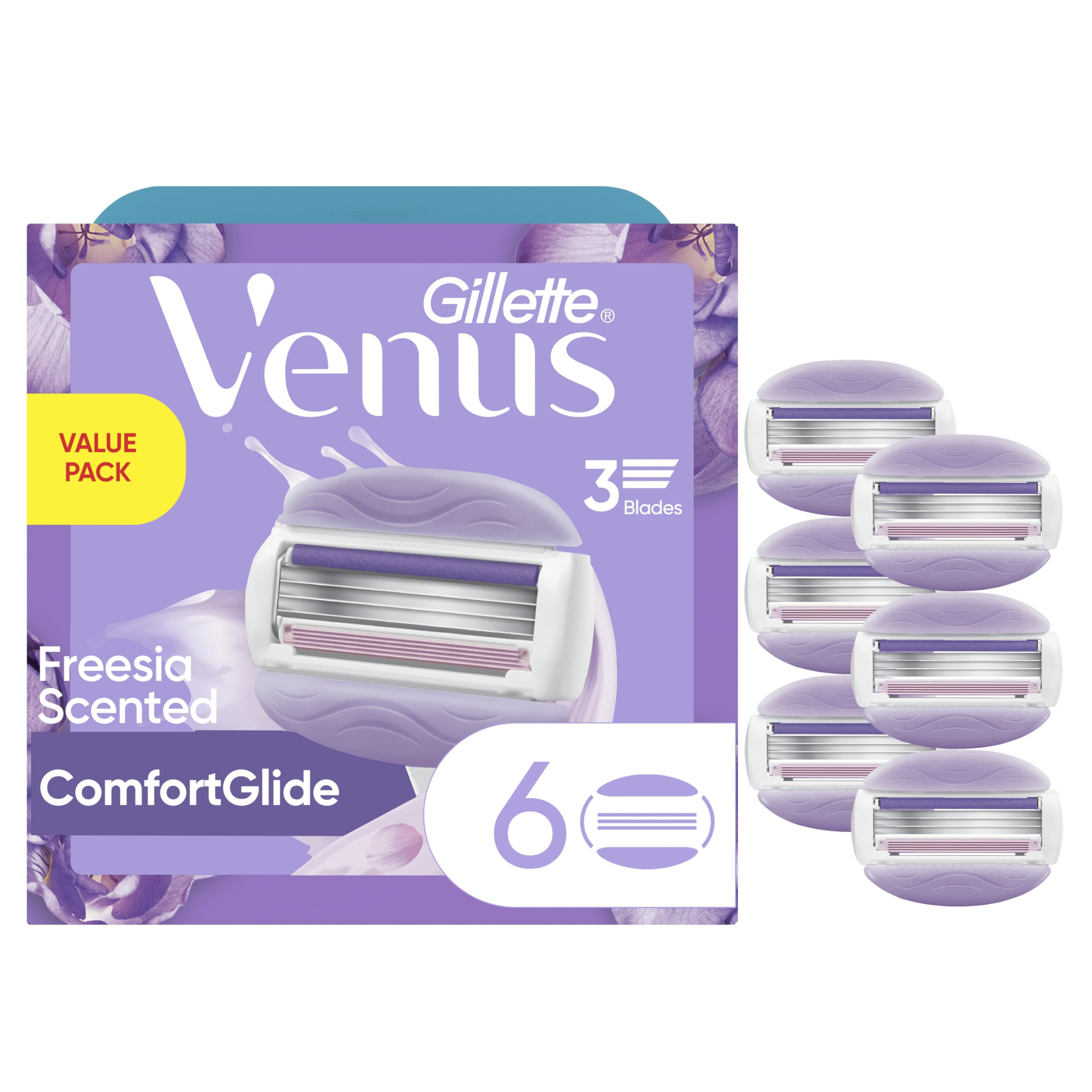 Gillette Venus ComfortGlide freesia refill pack image showing six refills for smooth shaves.