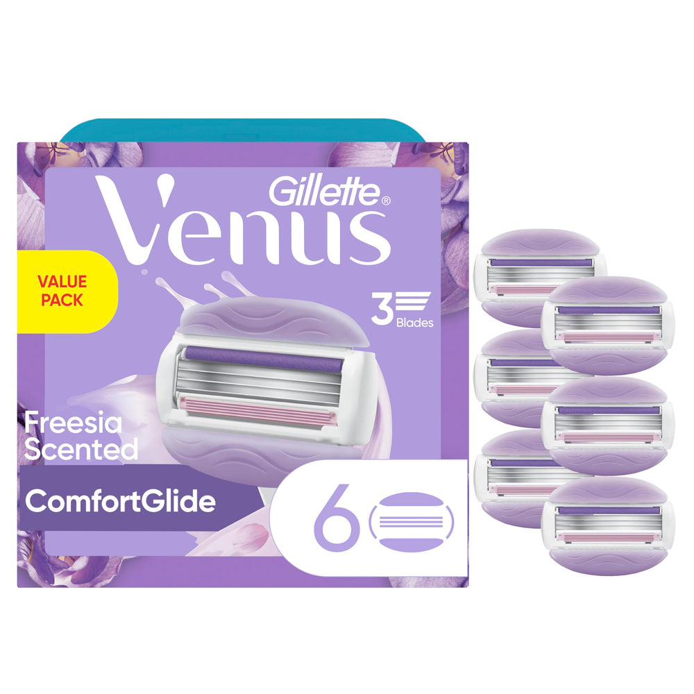 Gillette Venus ComfortGlide freesia refill pack image showing six refills for smooth shaves.