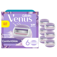 Gillette Venus ComfortGlide freesia refill pack image showing six refills for smooth shaves.