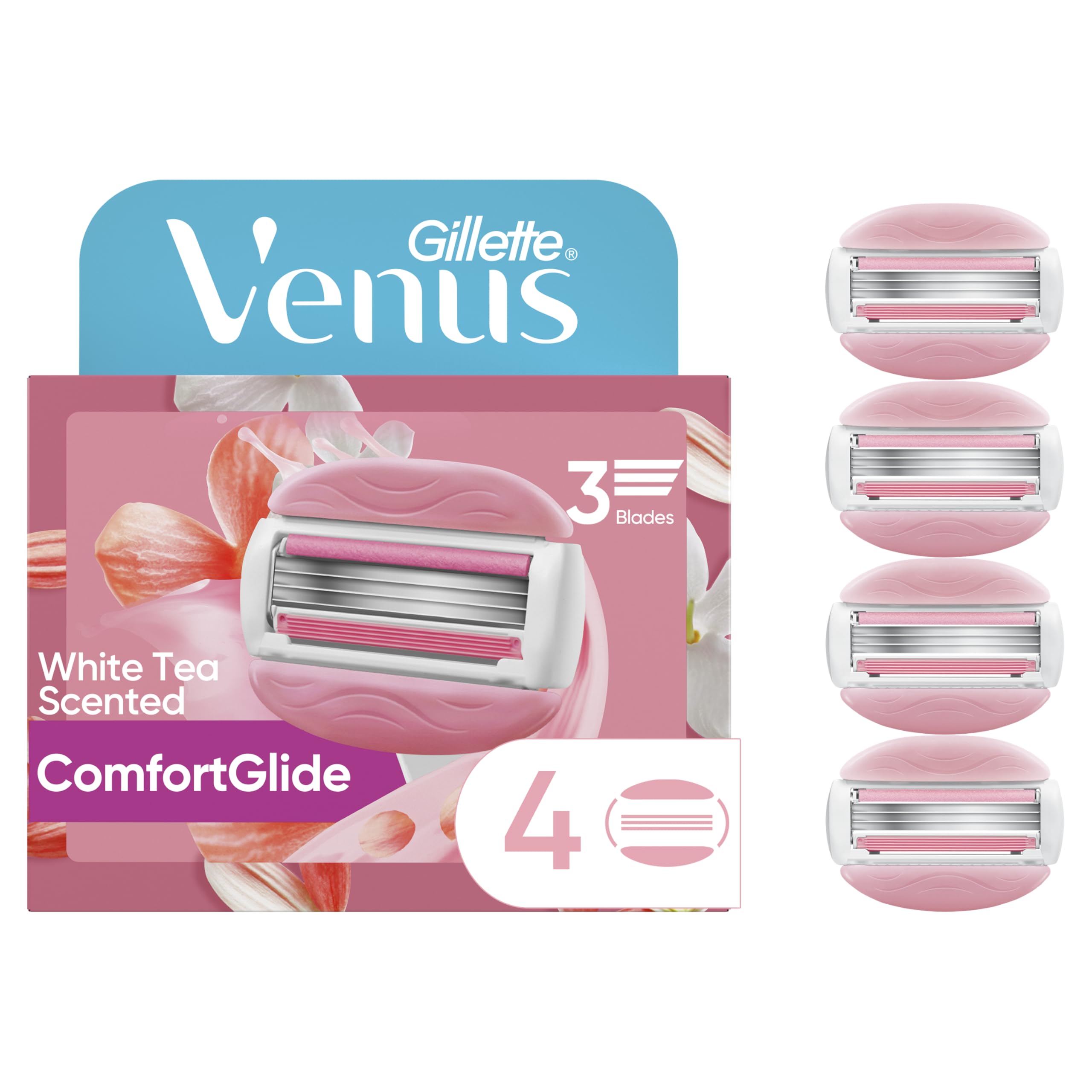 Gillette Venus ComfortGlide White Tea gel bars visible for a smooth shave.