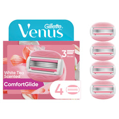 Gillette Venus ComfortGlide White Tea gel bars visible for a smooth shave.