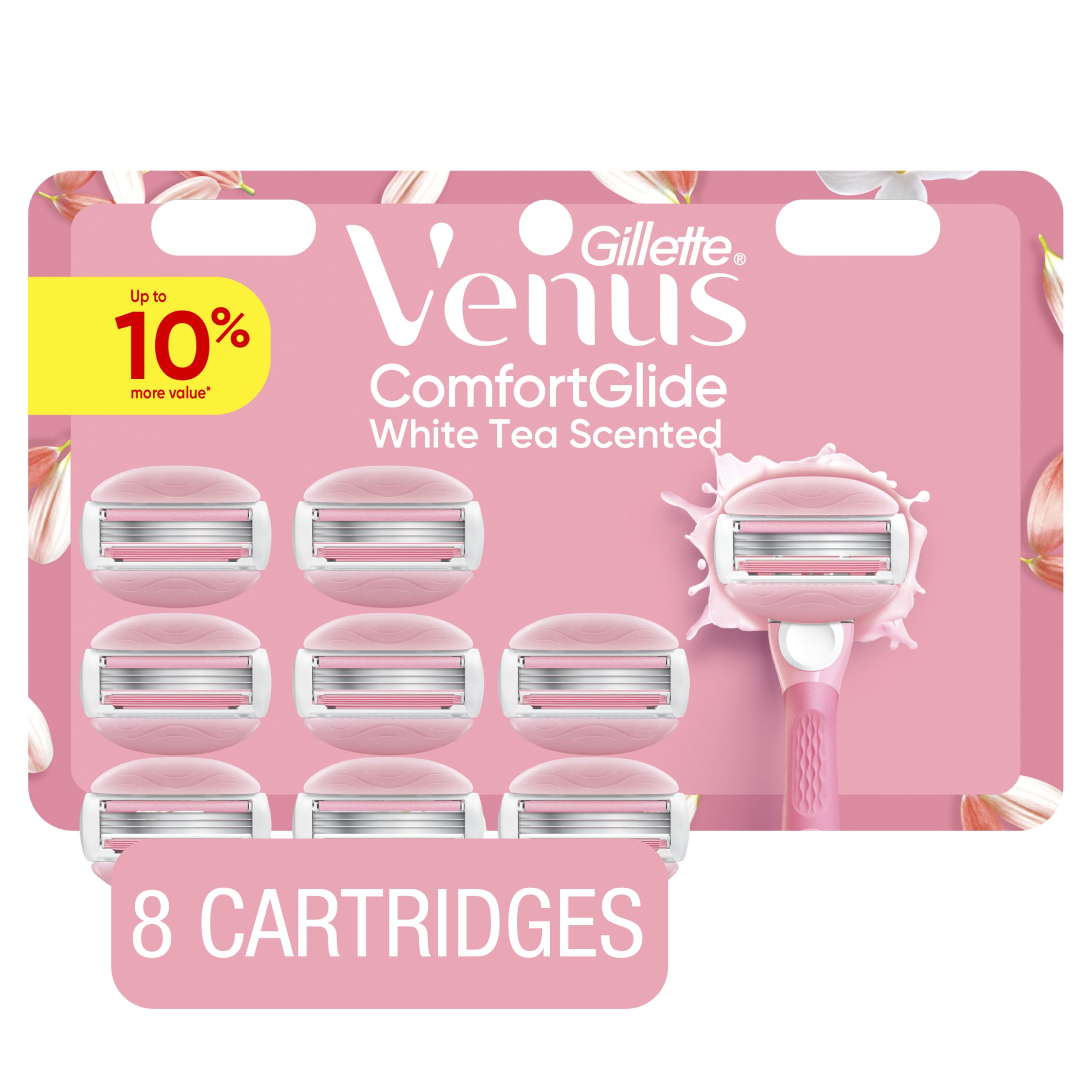 Gillette Venus ComfortGlide White Tea razor close-up with built-in shave gel.