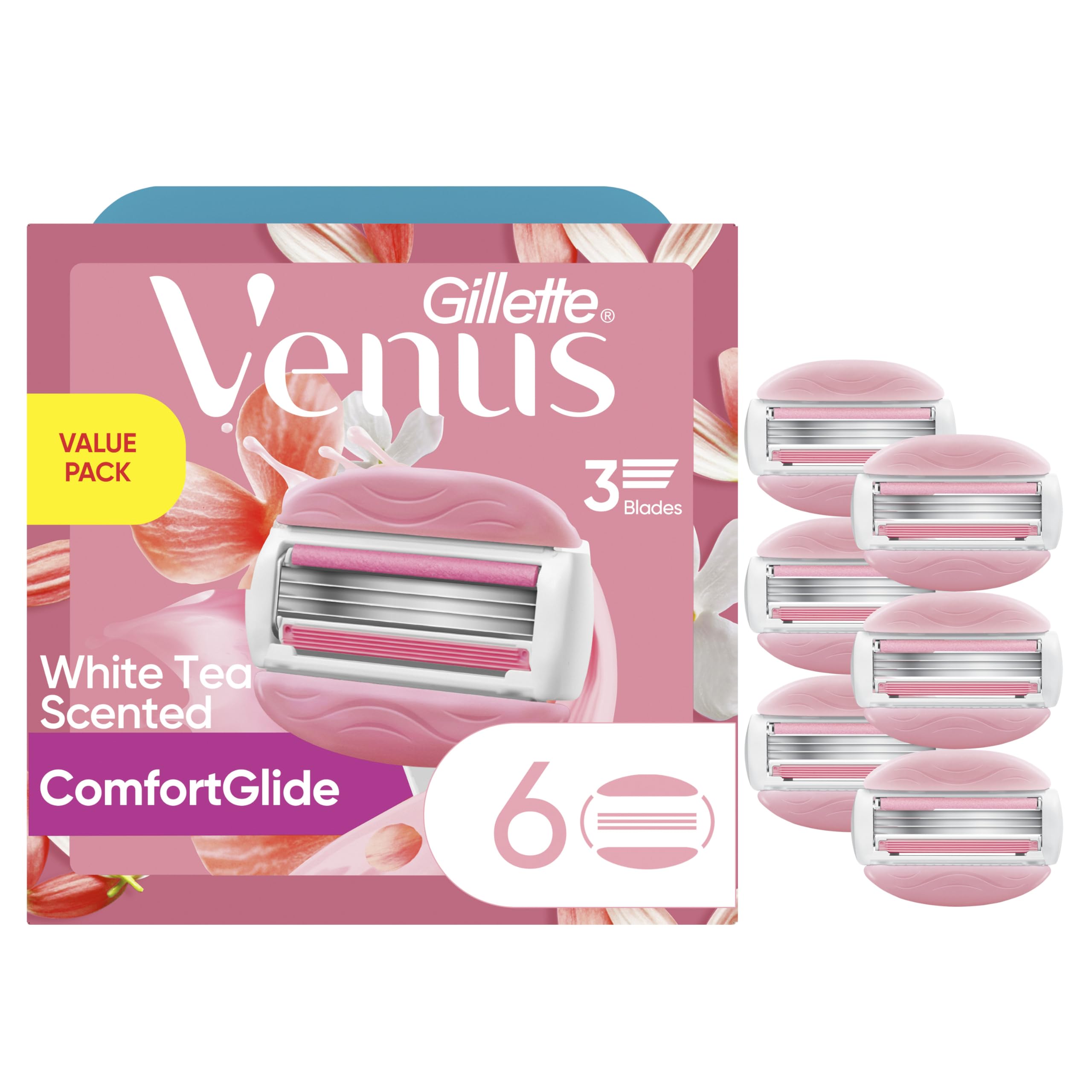Gillette Venus ComfortGlide six-count refills laid out for a smooth, close shave.