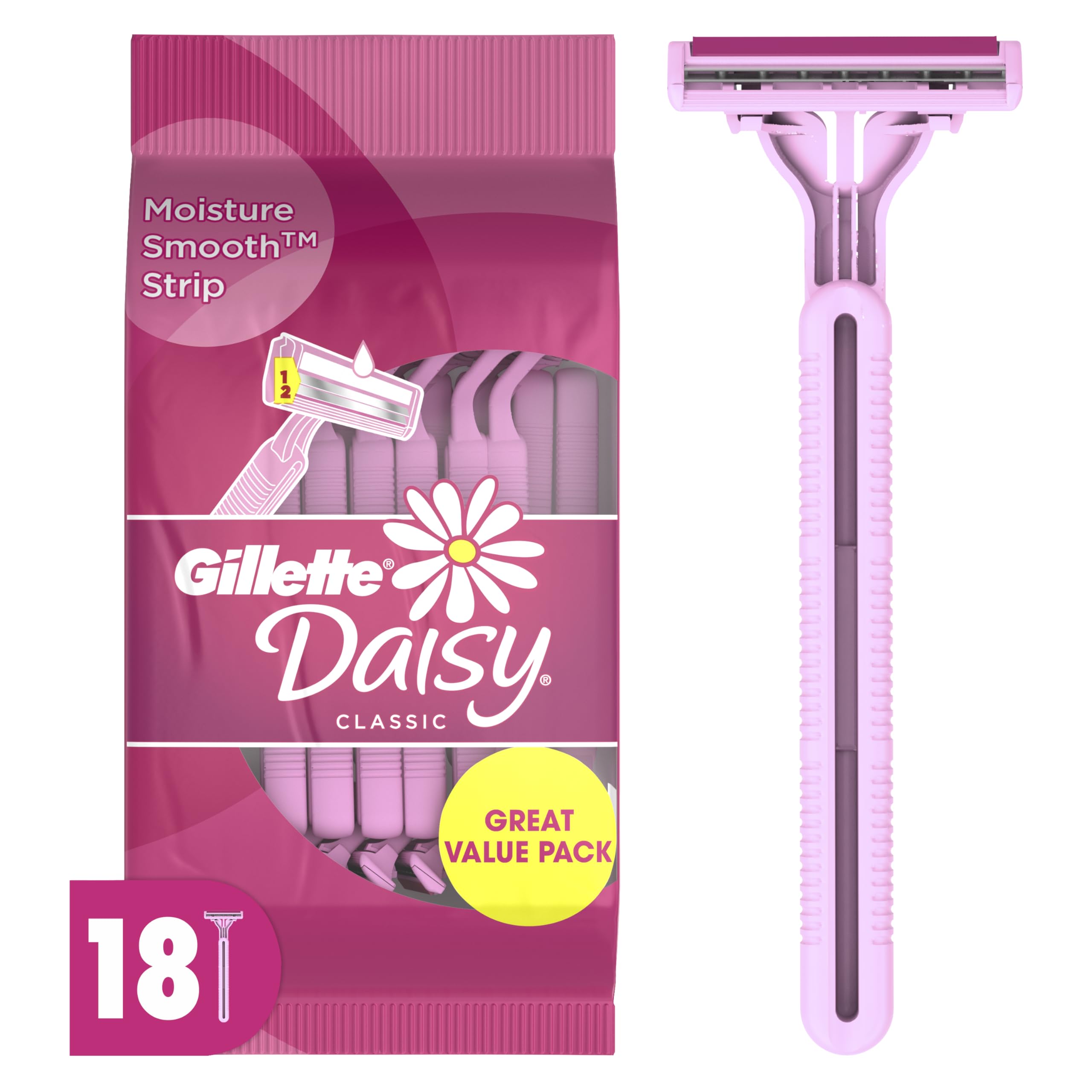 Gillette Venus Daisy Classic razor pack with 18 disposables for easy replacement.