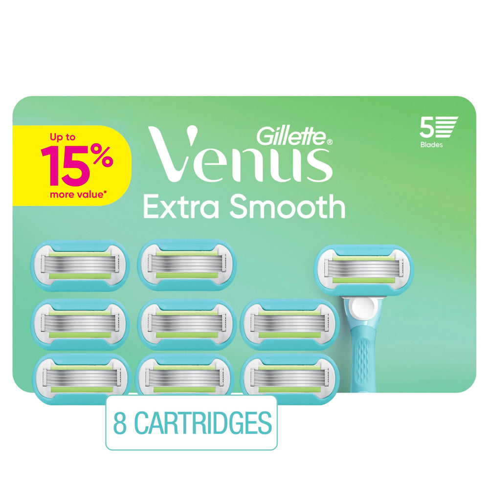 Gillette Venus Extra Smooth blade refill close-up showing five blades for a close shave.