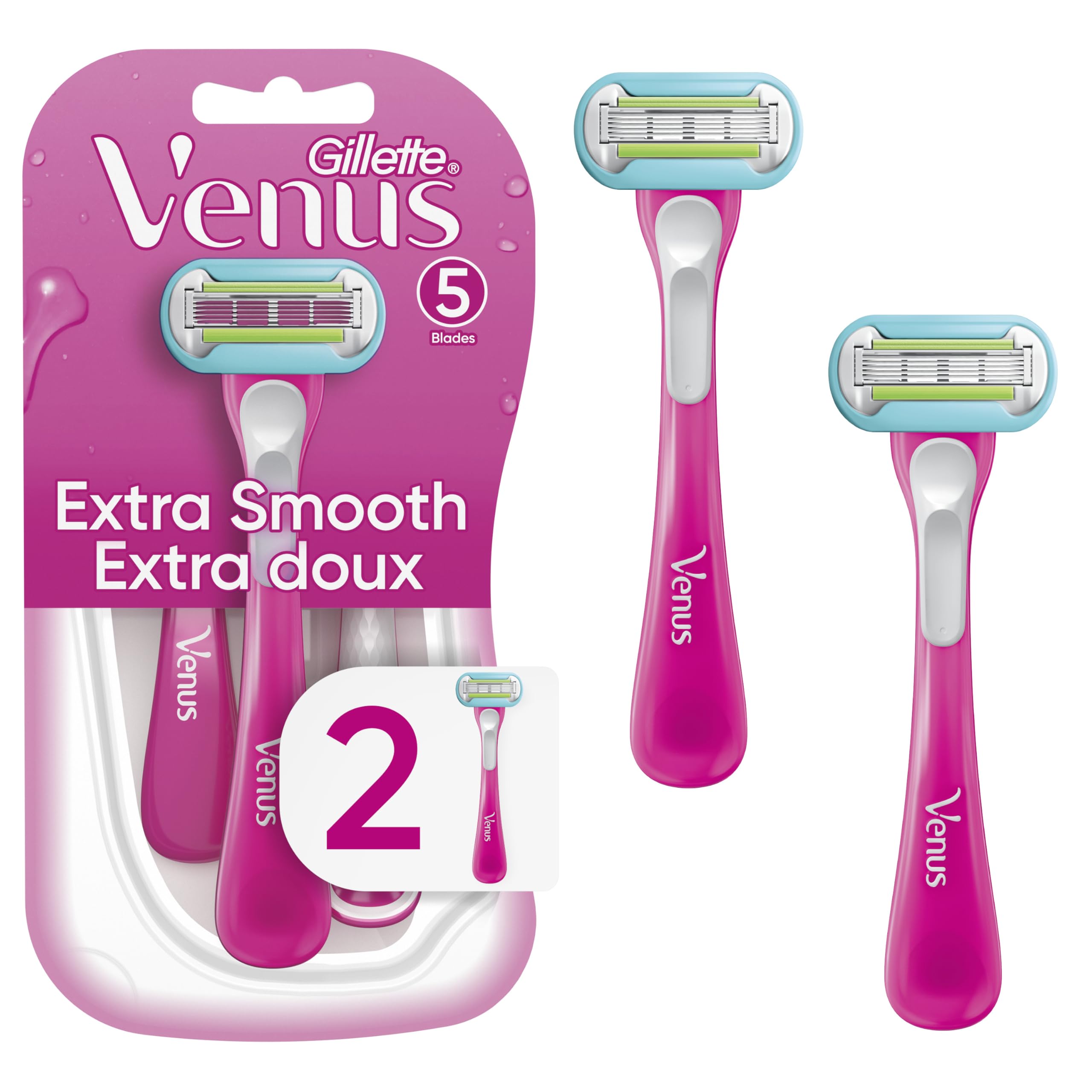 Gillette Venus Extra Smooth Green disposable razor pack shot showing two blades for quick, close shaves