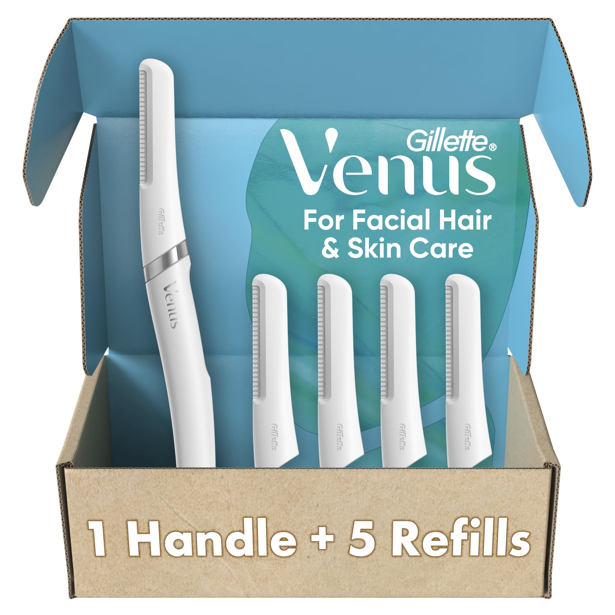 Gillette Venus facial razor handle with refill for reusable, precise dermaplaning at home.
