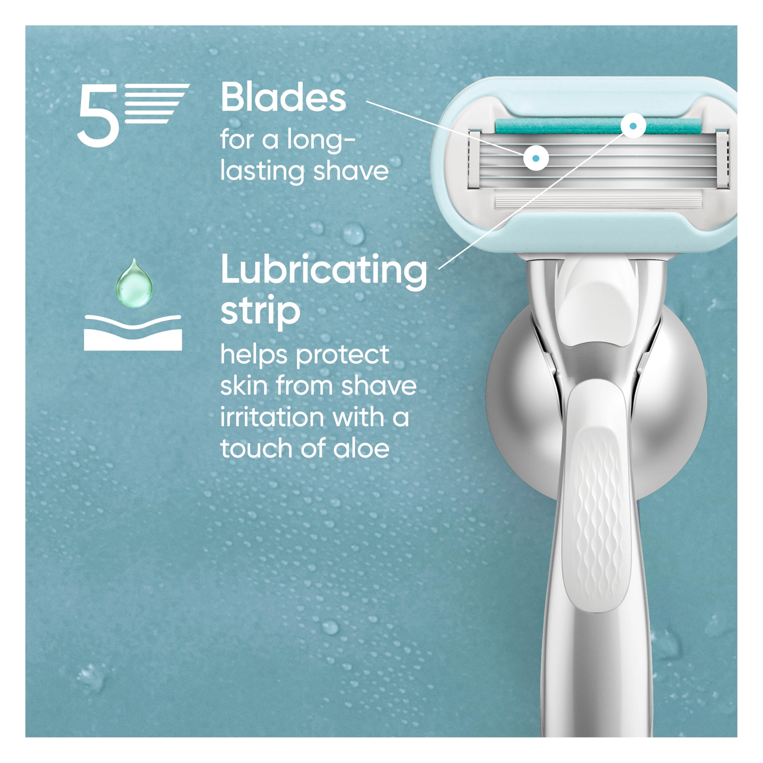 Gillette Venus five-blade cartridge close-up emphasizes close, efficient shave