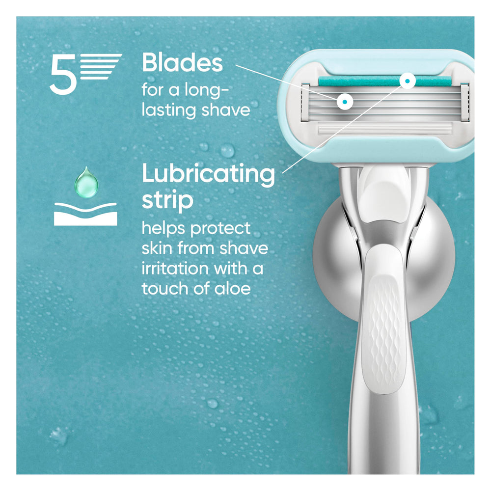 Gillette Venus five-blade cartridge close-up emphasizes close, efficient shave