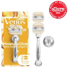 Gillette Venus Moistureglide shows dry-skin protection from a lubricating strip during a shave