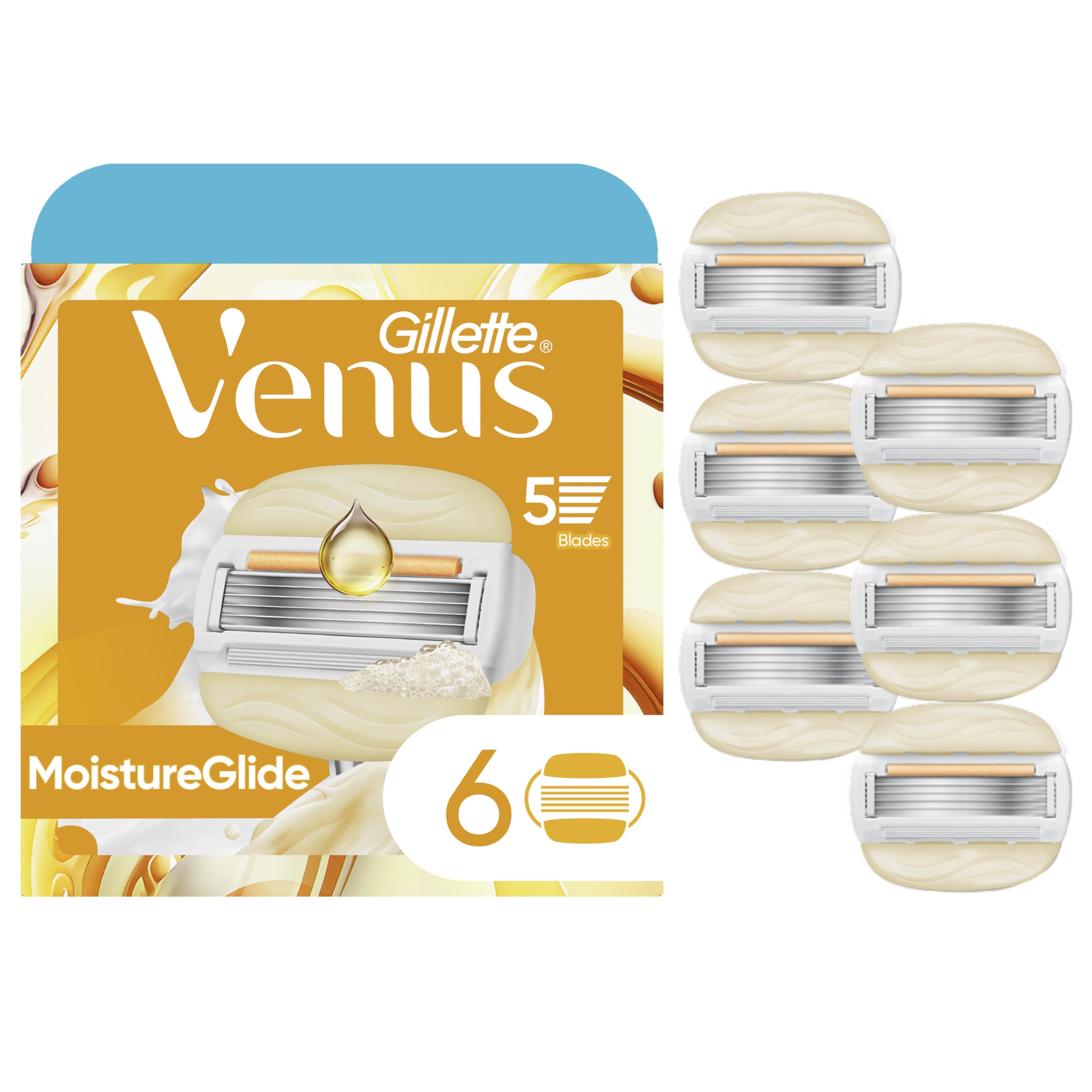 Gillette Venus MoistureGlide blades close-up with 2-in-1 bars for hydrated, smooth shaving.