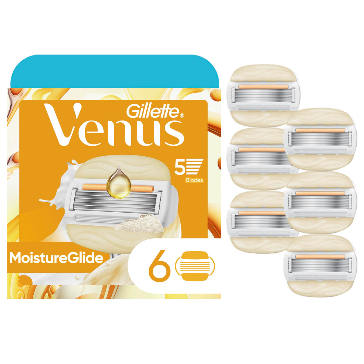Gillette Venus MoistureGlide blades close-up with 2-in-1 bars for hydrated, smooth shaving.