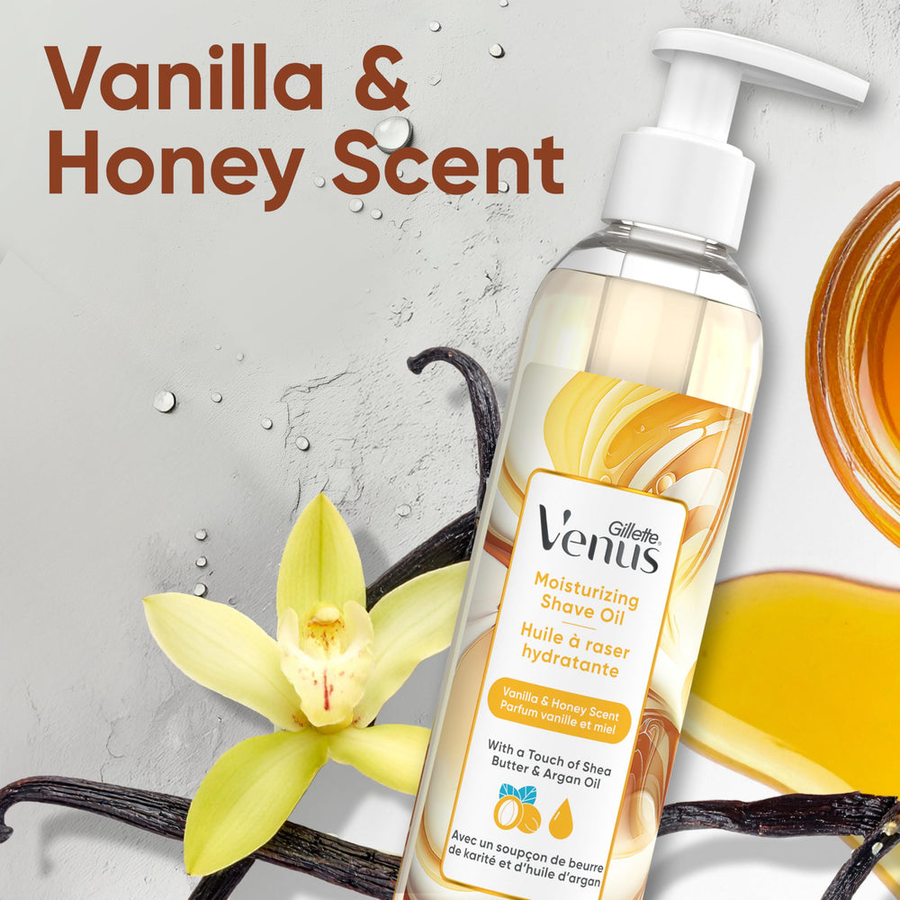 Dermatologist-tested label on Gillette Venus Moisturizing Shave Oil.