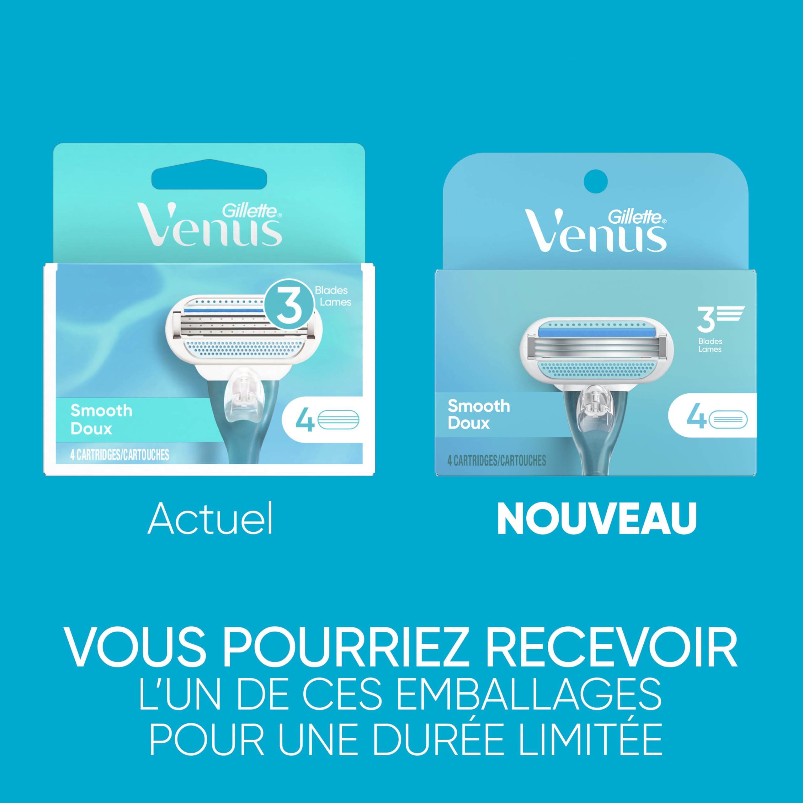 Gillette Venus refill lasts up to a month with twice-weekly use.