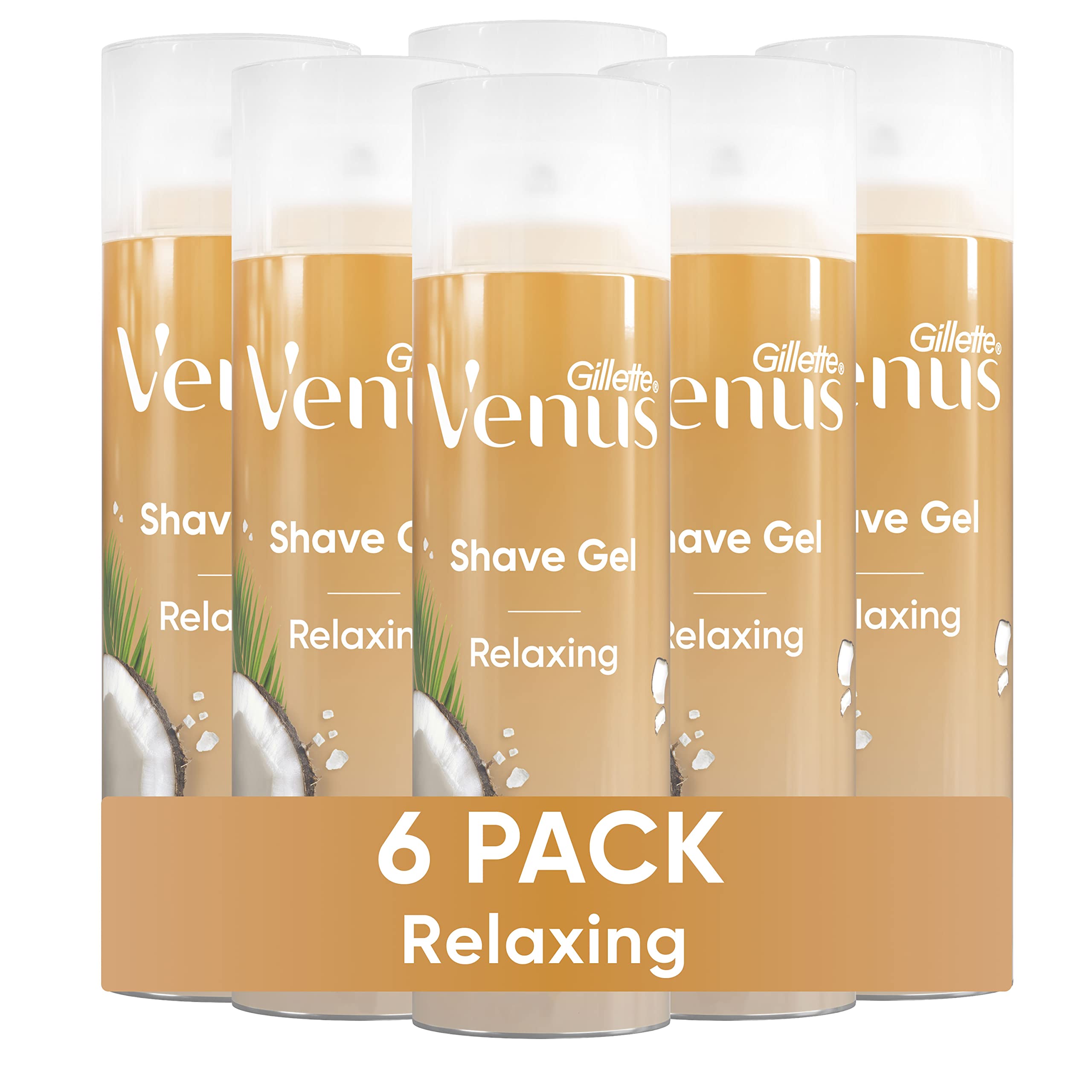 Gillette Venus Relaxing Coconut Shave Gel bottle pour for silky glide and tropical fragrance.