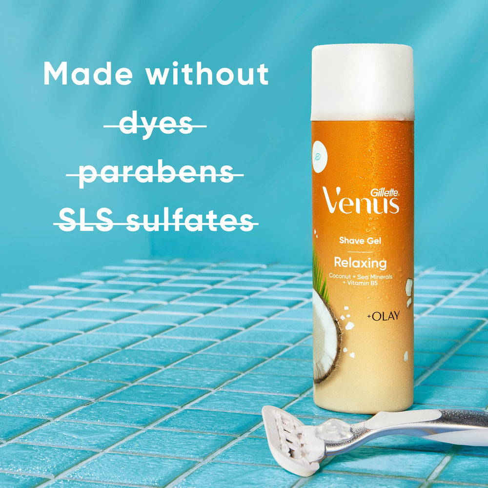 Gillette Venus Relaxing Coconut Shave Gel six-pack packaging offers practical value.