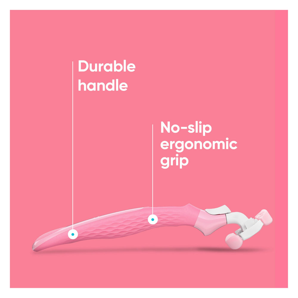 Reusable razor handle shown alongside refills for long-term use.