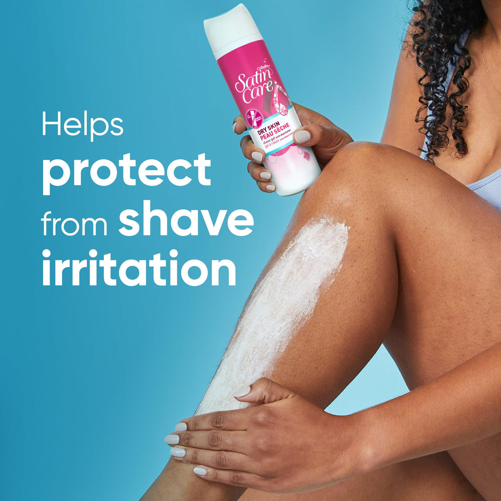 Gillette Venus Satin Care Dry Skin bottle close-up emphasizing rich lather for a smooth shave