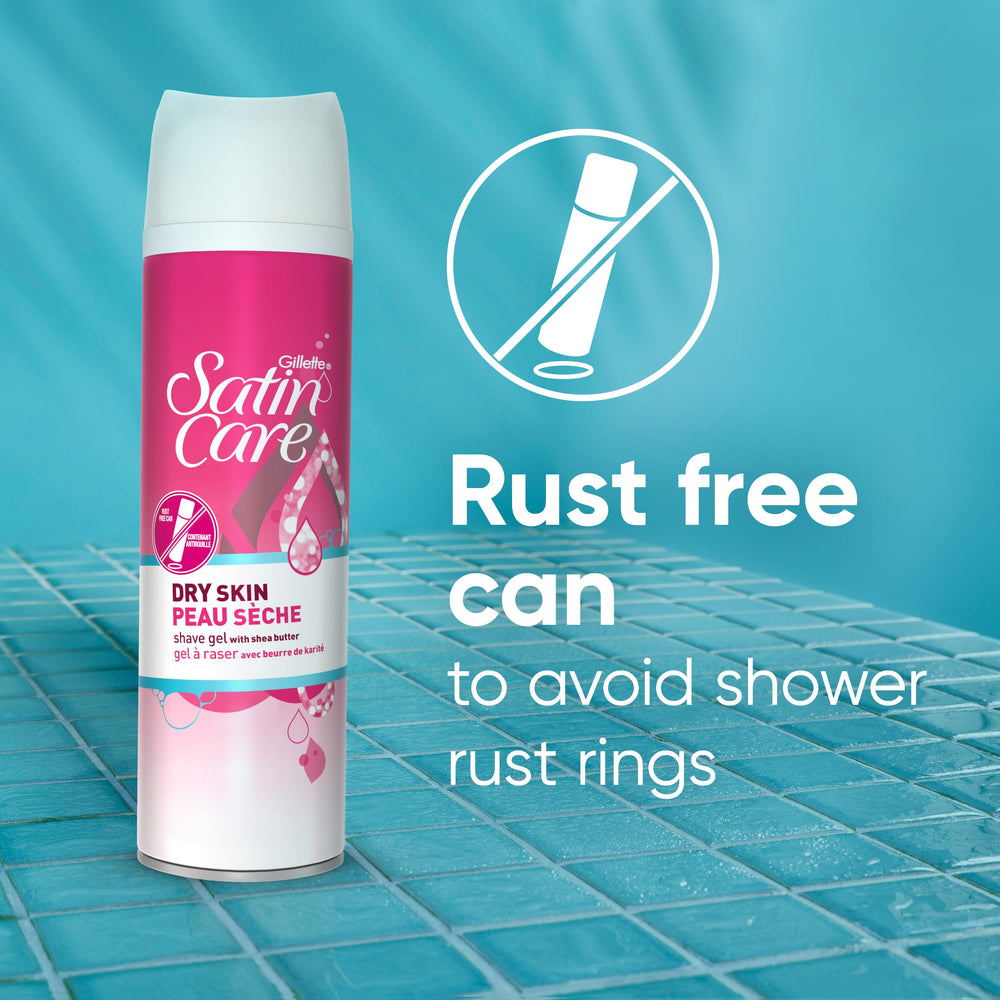 Gillette Venus Satin Care Dry Skin product showing dermatologist-tested formula for sensitive skin