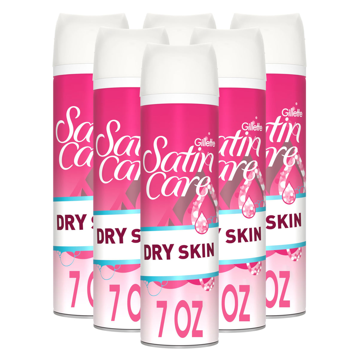 Gillette Venus Satin Care Dry Skin shave gel six-pack pack shot highlighting moisturizing formula