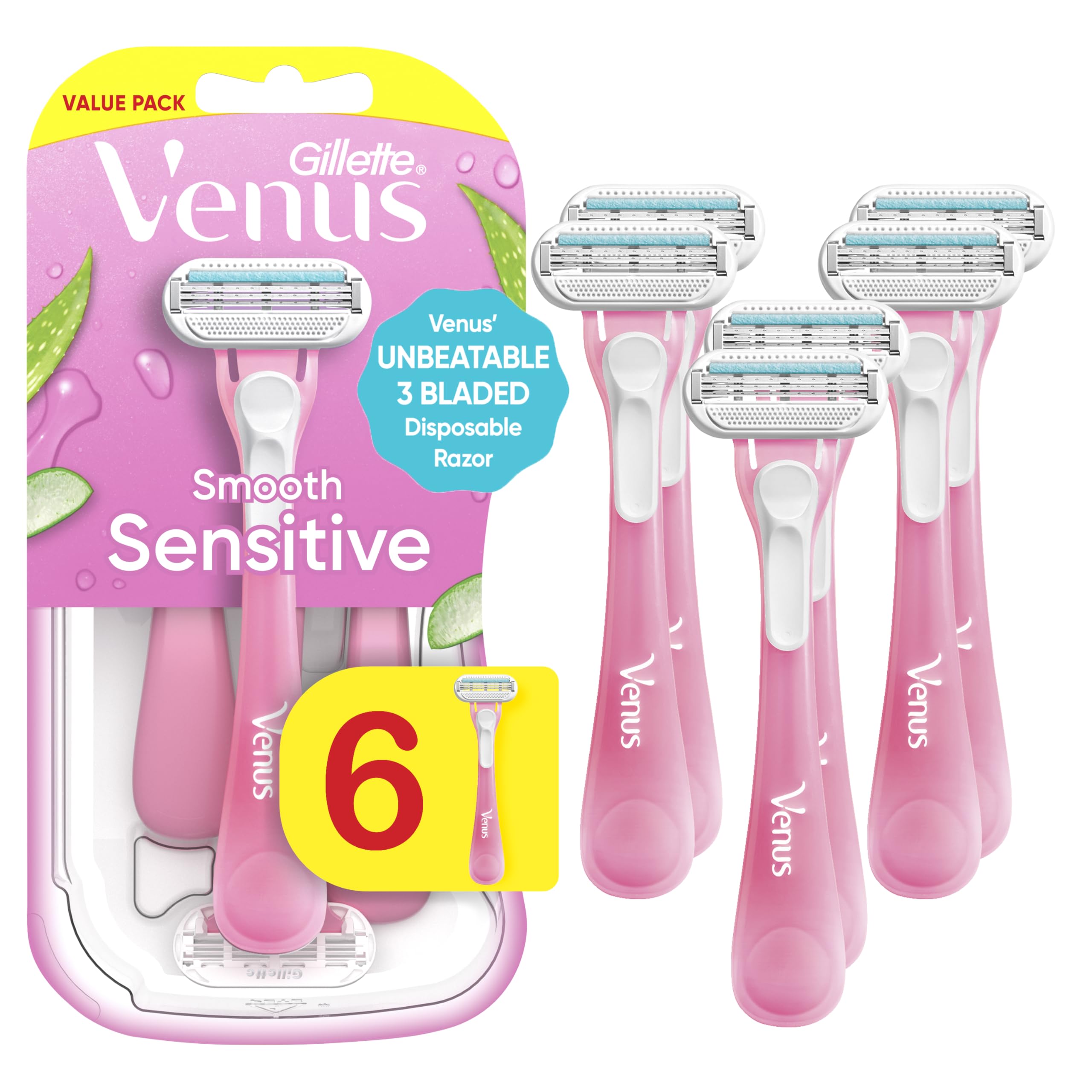 Gillette Venus Sensitive disposable razor pack front highlighting convenience for sensitive skin grooming.