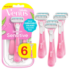 Gillette Venus Sensitive disposable razor pack front highlighting convenience for sensitive skin grooming.