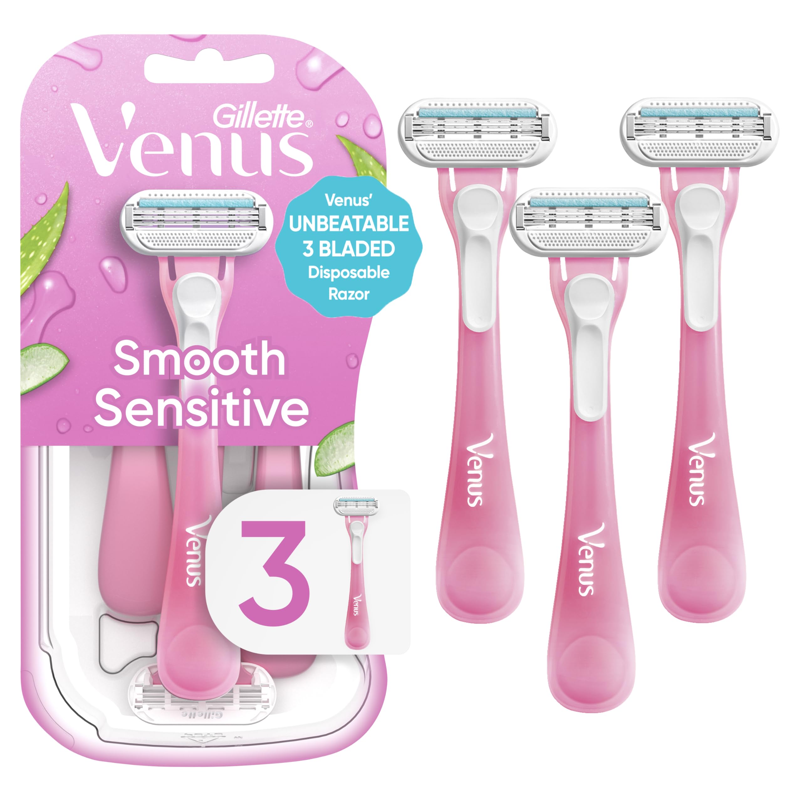 Gillette Venus Sensitive razor with 3 blades for a smooth glide on sensitive skin.