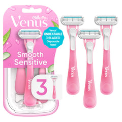 Gillette Venus Sensitive razor with 3 blades for a smooth glide on sensitive skin.