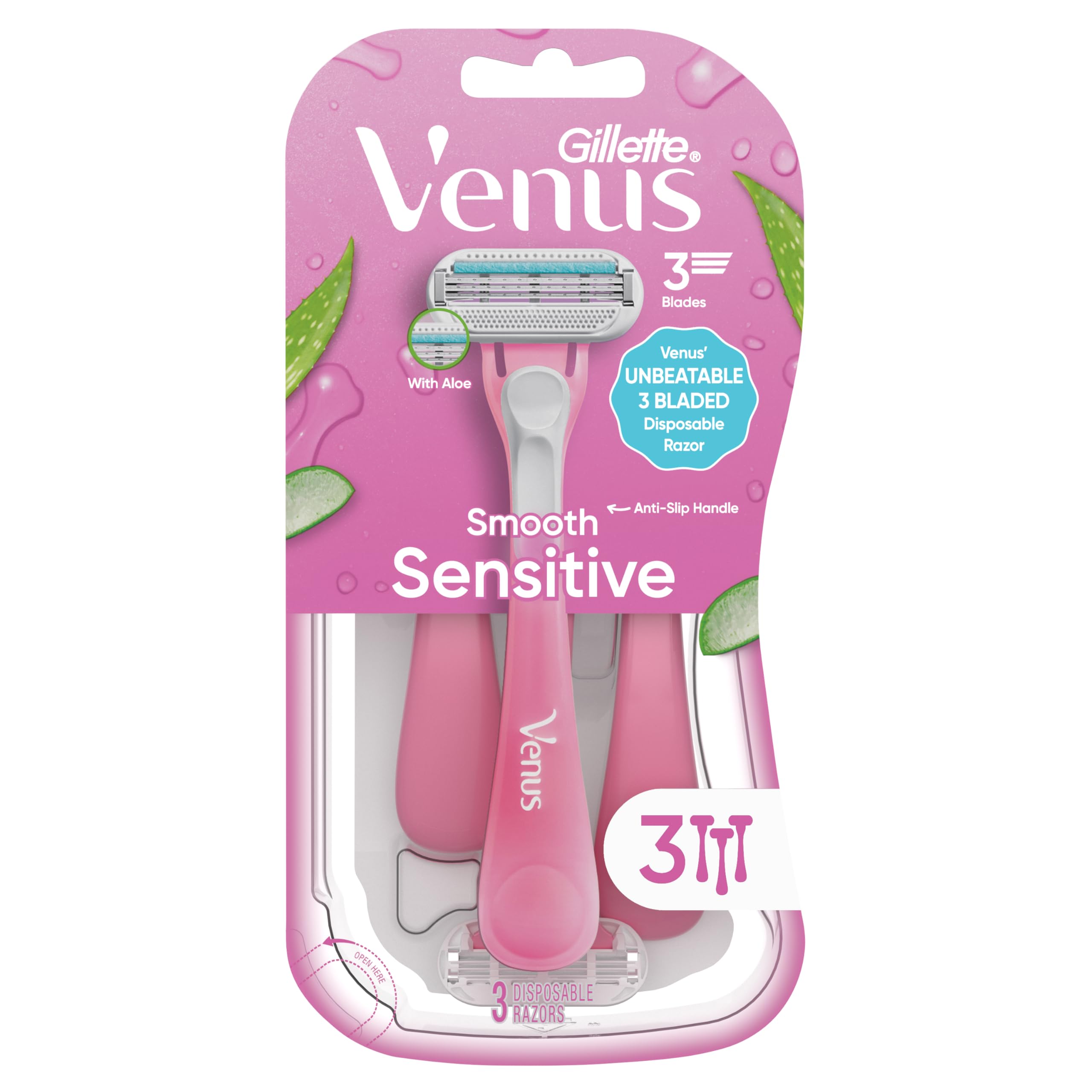 Compact Gillette Venus Sensitive packaging featuring three razors.