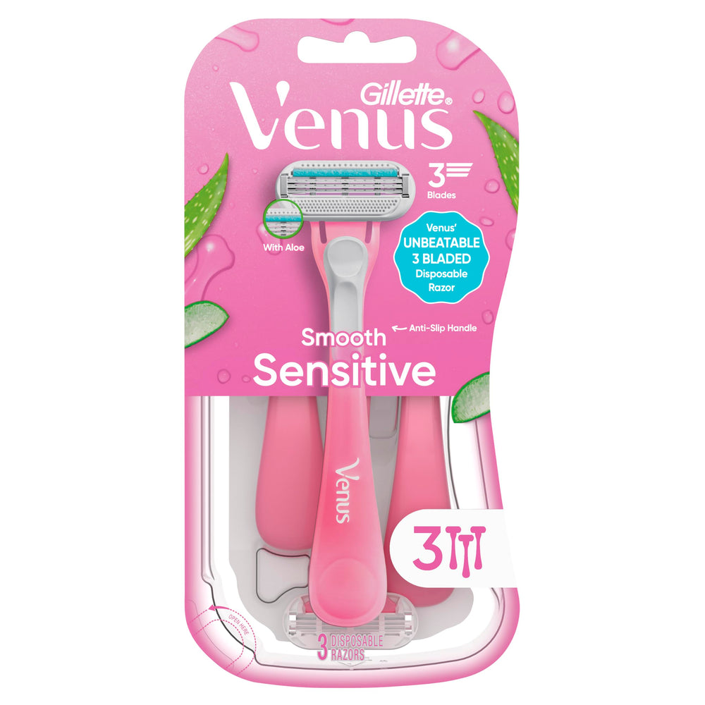 Compact Gillette Venus Sensitive packaging featuring three razors.