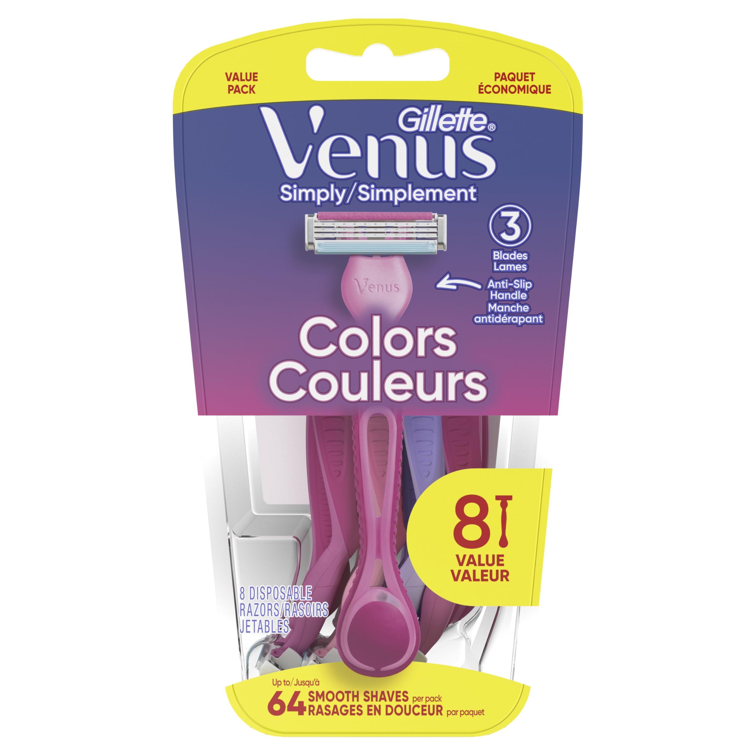 Gillette Venus Simply3 8-count pack demonstrating convenient disposable razors for everyday use.