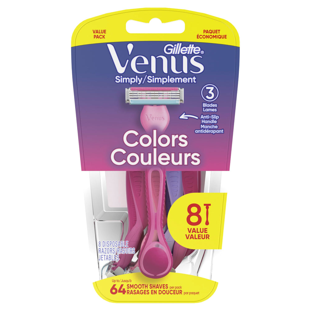 Gillette Venus Simply3 8-count pack demonstrating convenient disposable razors for everyday use.