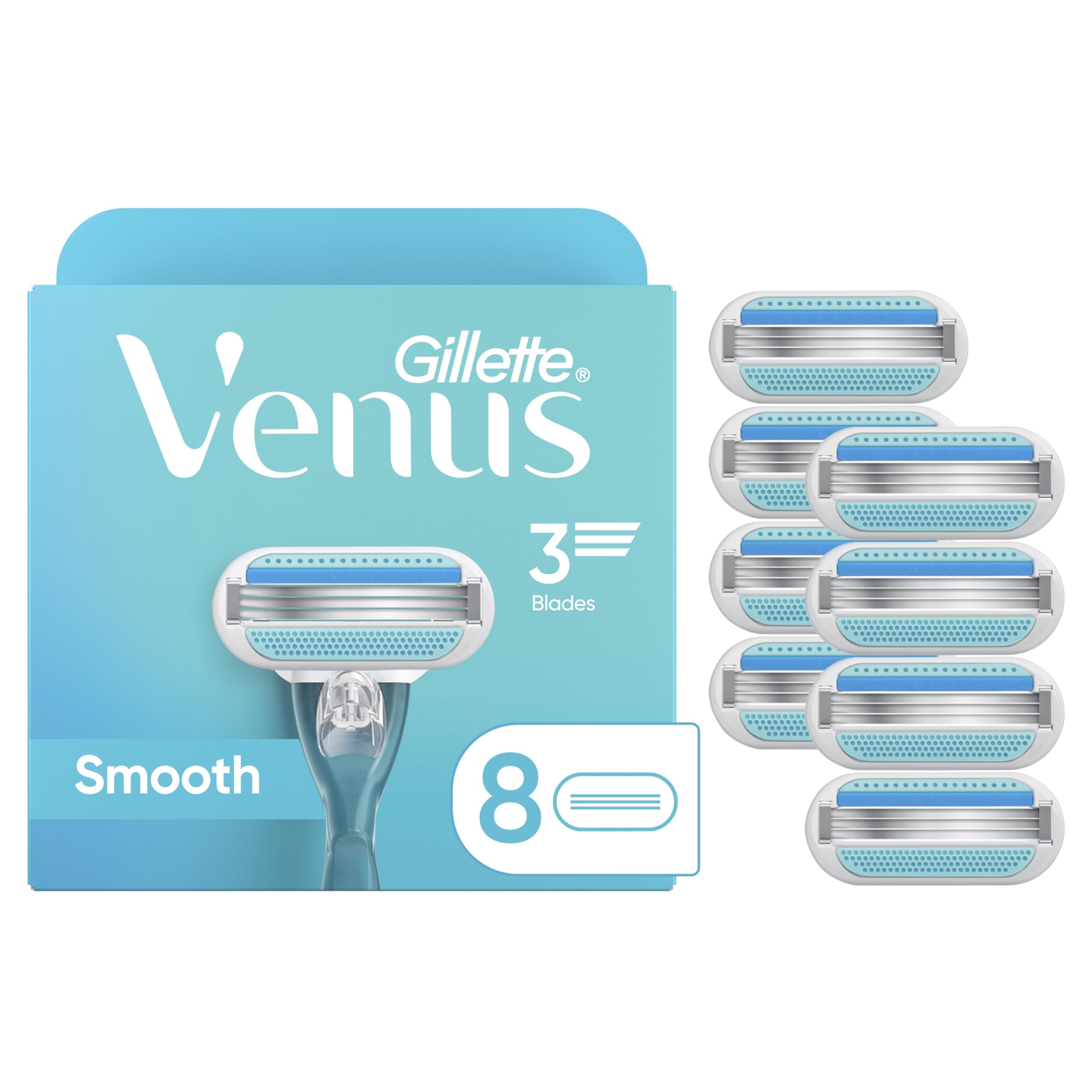 Gillette Venus Smooth refill 8-count showing blades for quick, comfortable shaves.