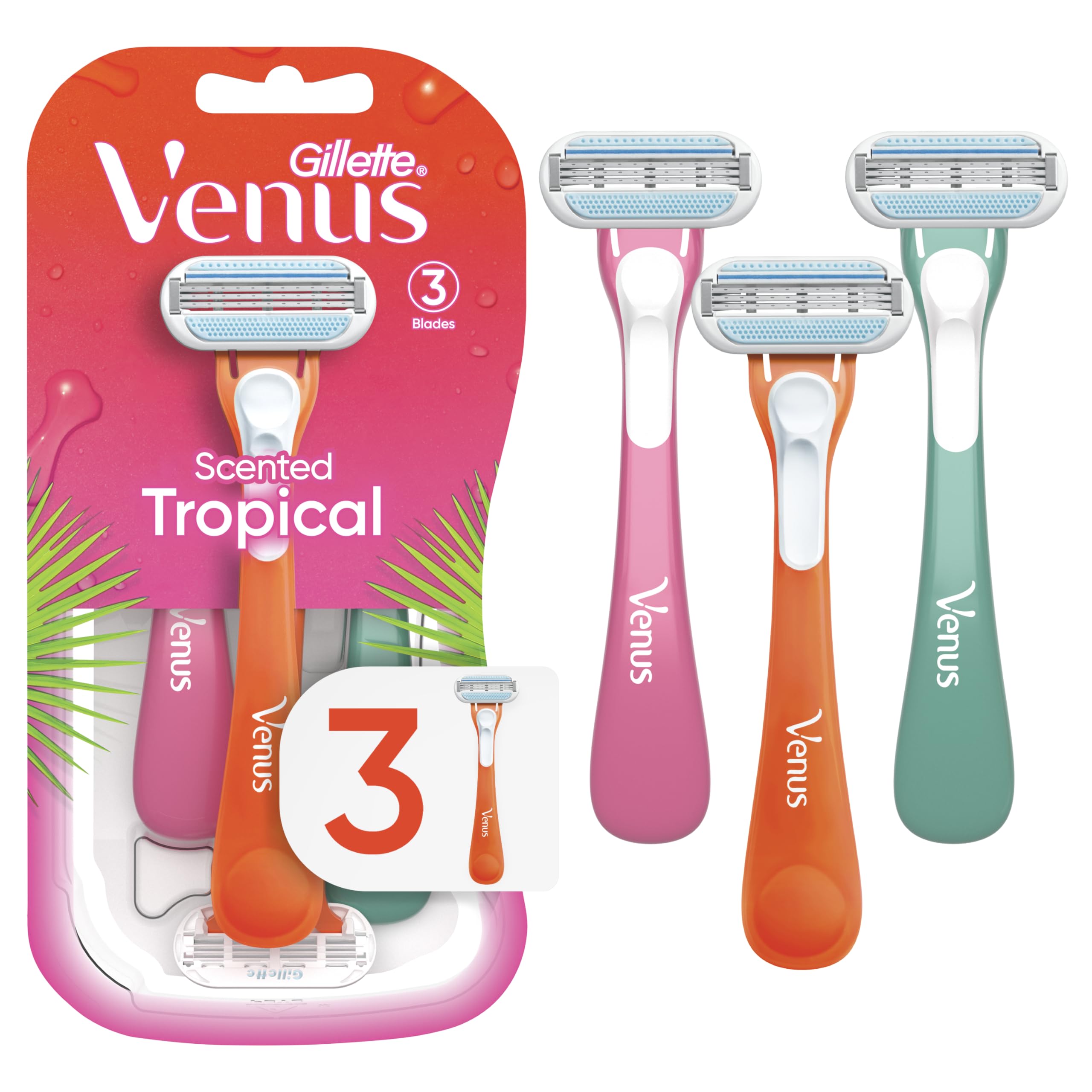 Gillette Venus Tropical razor handle with multicolor design and refreshing scent.
