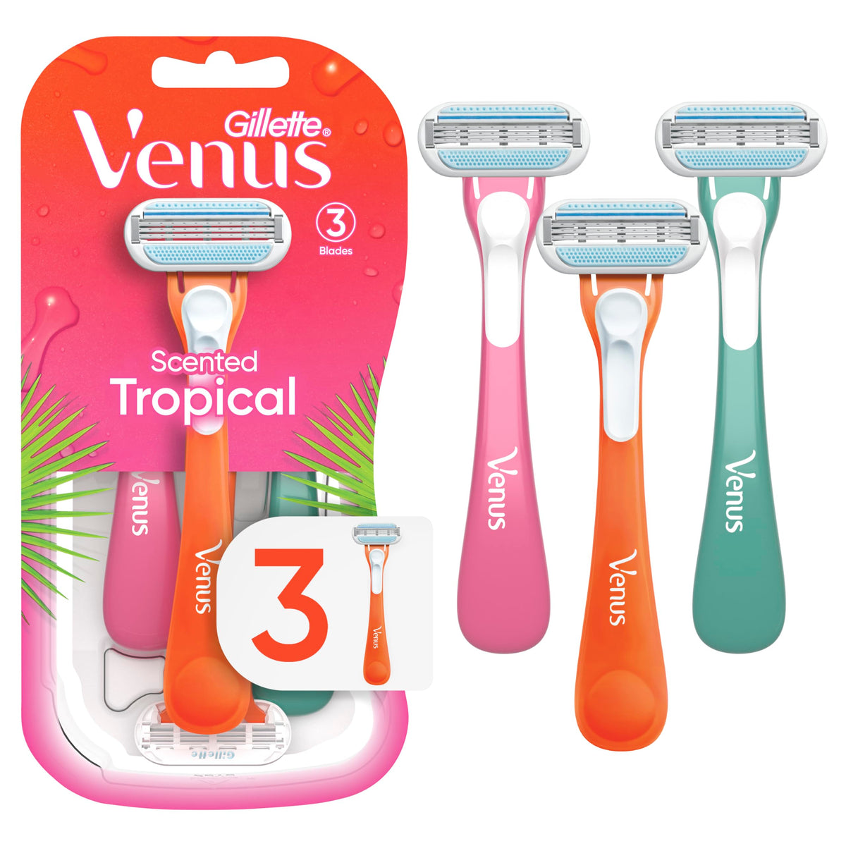 Gillette Venus Tropical razor handle with multicolor design and refreshing scent.