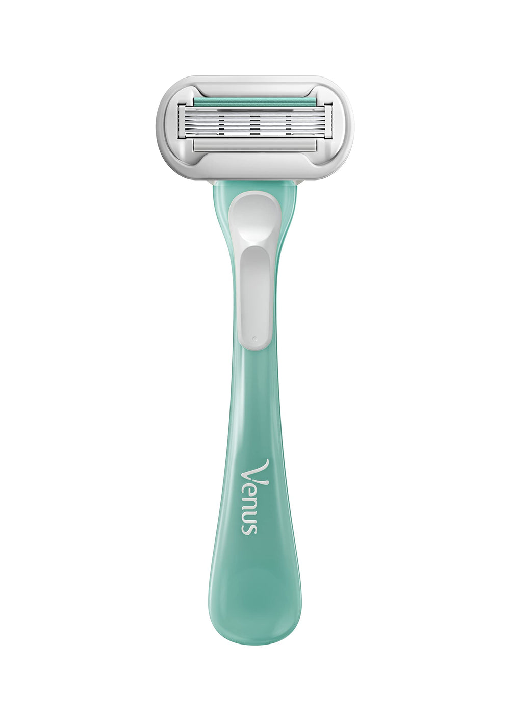 Gillette Venus two-count pack on bathroom shelf for replacements.