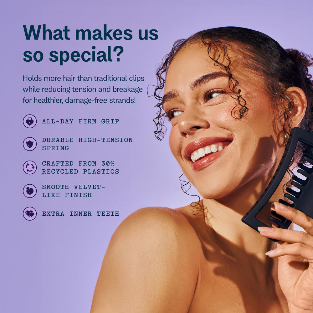 Clip para cabello grueso con agarre seguro durante días largos.