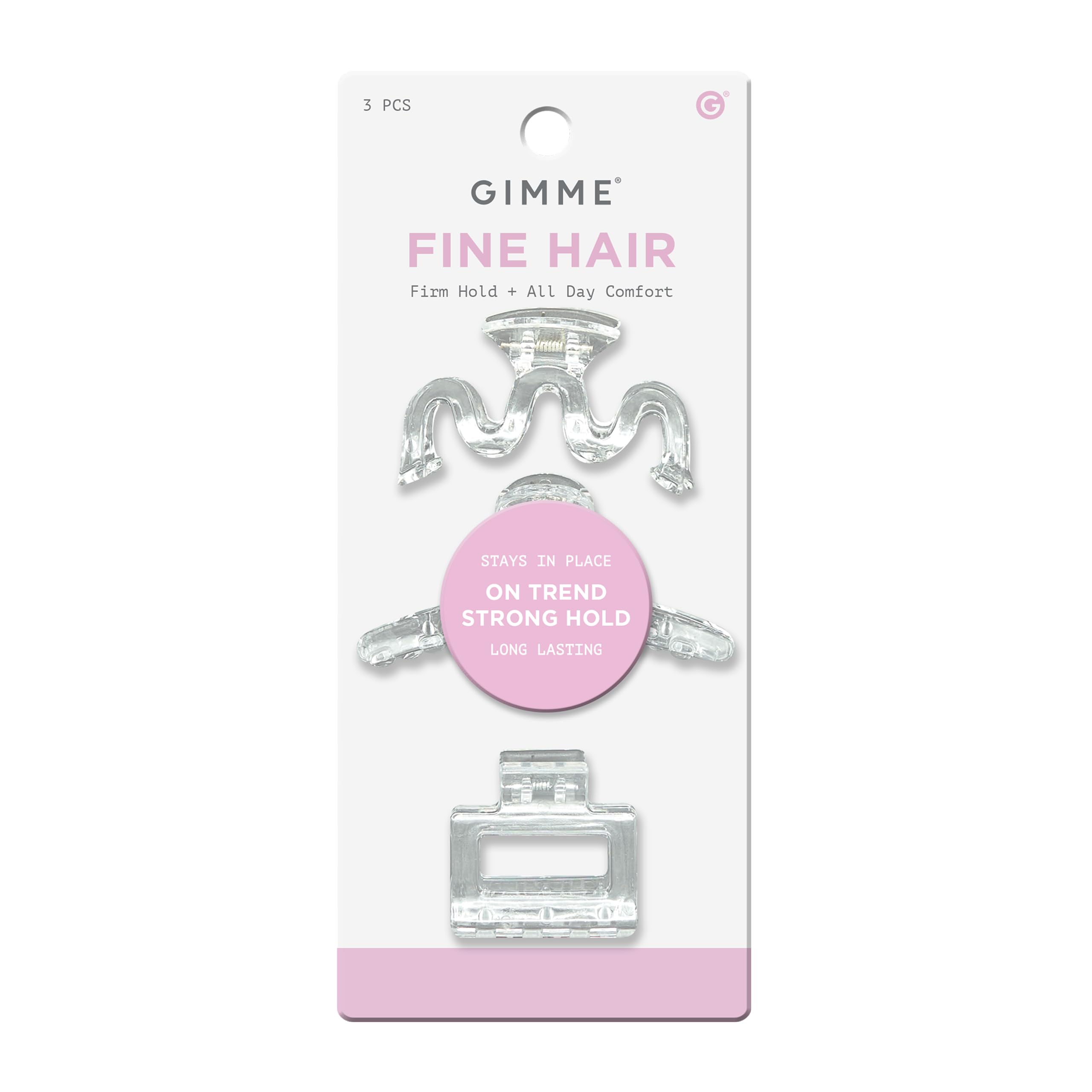 GIMME Beauty Fine Hair Claw Clip clear, showing secure hold for thin hair.