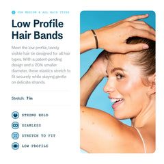 GIMME Beauty low-profile band shown in bun keeps style secure without pulling at delicate strands.