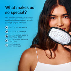 GIMME Beauty Metal Bristle Brush highlights even distribution of scalp oils.