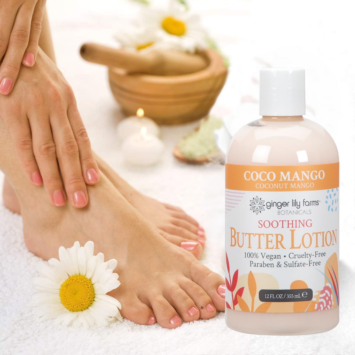 Ginger Lily Farms Botanicals Coco Mango 12-ounce bottle, ideal for home, gym, or spa use.