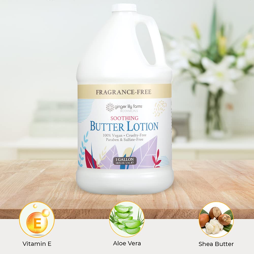 Ginger Lily Farms Botanicals lotion on shower shelf for after-bath care.