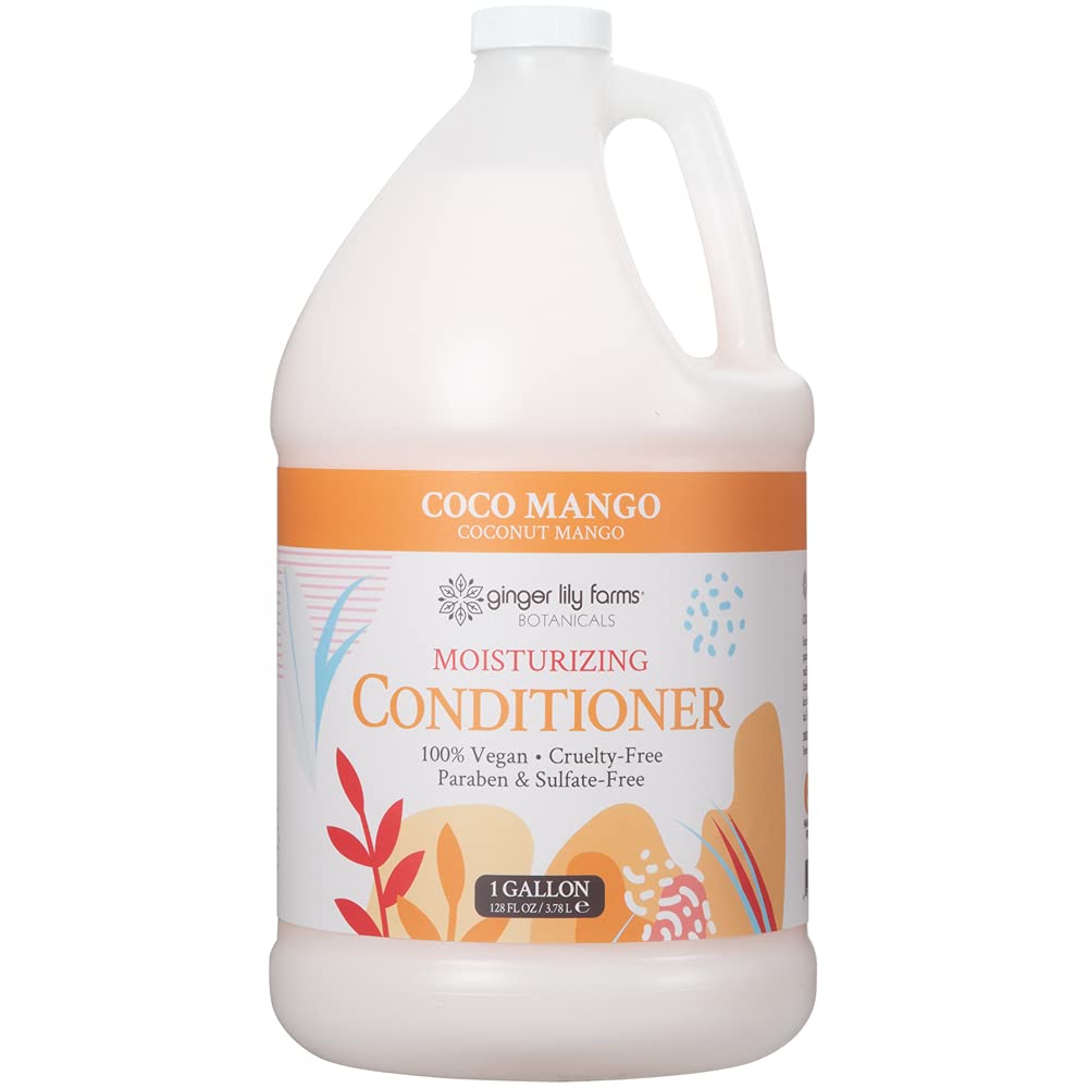 Ginger Lily Farms Botanicals Coco Mango conditioner bottle offers silky, hydrated hair after use.