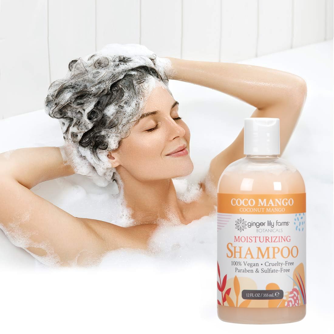 Ginger Lily Farms 12 oz shampoo packaging highlights vegan, cruelty-free commitments.