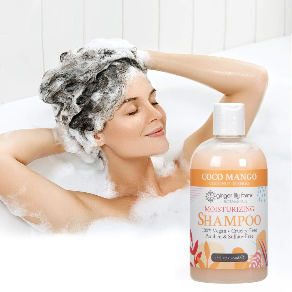 Ginger Lily Farms 12 oz shampoo packaging highlights vegan, cruelty-free commitments.