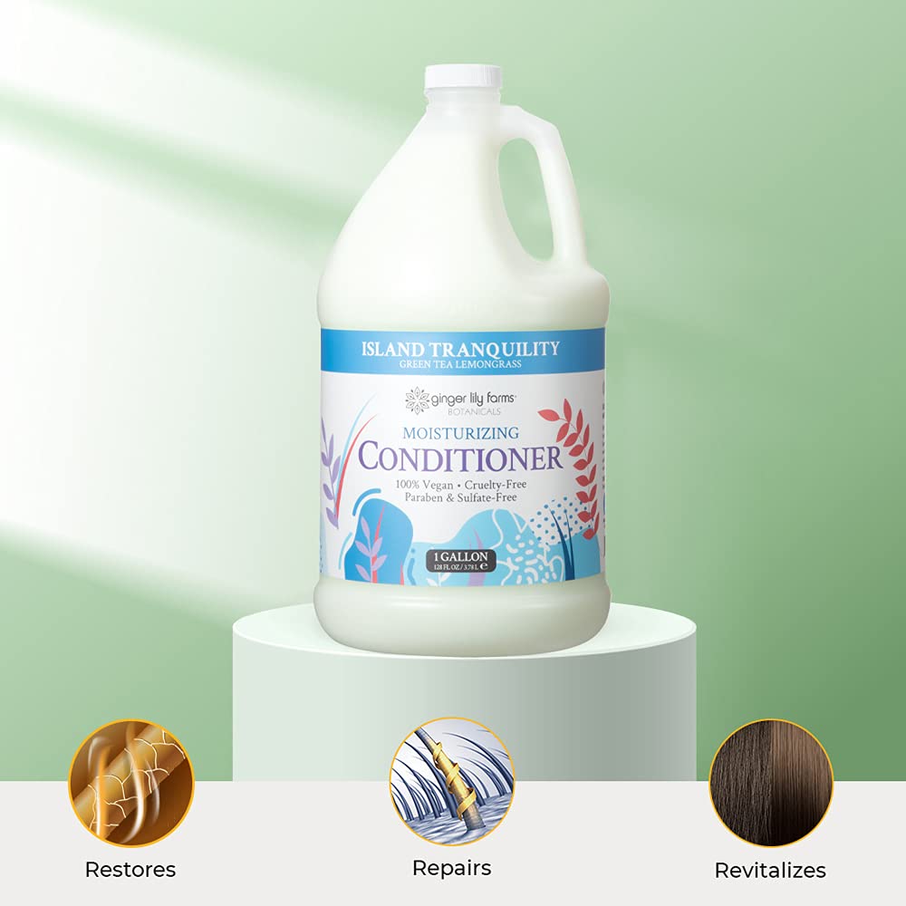 Gallon refill packaging for Ginger Lily Farms Botanicals conditioner promotes eco-friendliness.