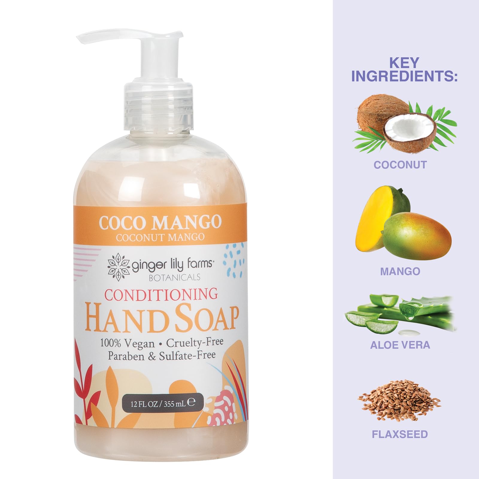 Ginger Lily Farms Botanicals Coco Mango hand soap bottle side view.